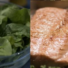 A picture of Maple Glazed Salmon with Cooked Spinach.