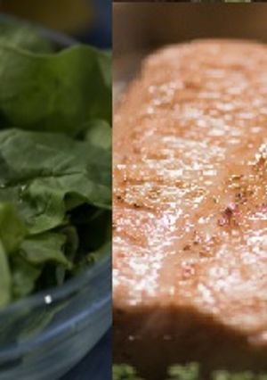 A picture of Maple Glazed Salmon with Cooked Spinach.