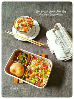Foto resep Bento Box Nasi Sayuran Smoke Beef Dan Salmon Tempe Teriyaki