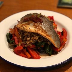 A picture of Seabass with teriyaki vegetables and dashi quinoa 🇯🇵.