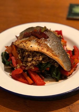 A picture of Seabass with teriyaki vegetables and dashi quinoa 🇯🇵.