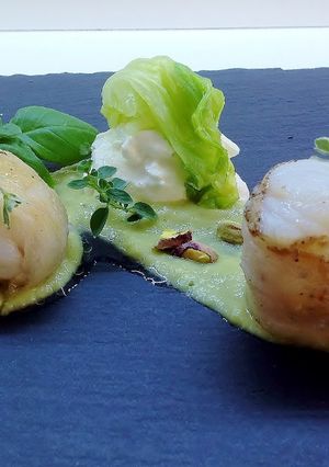 A picture of Monkfish with Lardo and Burrata with Chicory Salad.