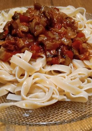 Una foto de Fetuccini con salsa de hongo portobello