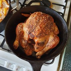 Large Roasted Chicken in Skillet A picture of Large Roasted Chicken in Skillet.