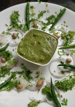 A picture of Peanut green garlic coriander chutney.
