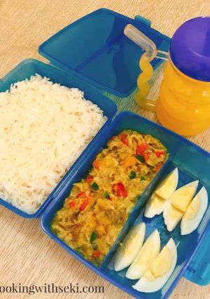 A picture of Kiddies meal.. veg fish sauce and boiled rice.