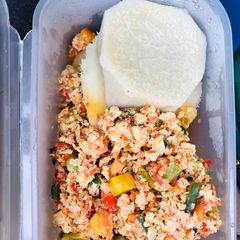 A picture of Title:yam and veggies egg sauce.
