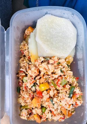 A picture of Title:yam and veggies egg sauce.