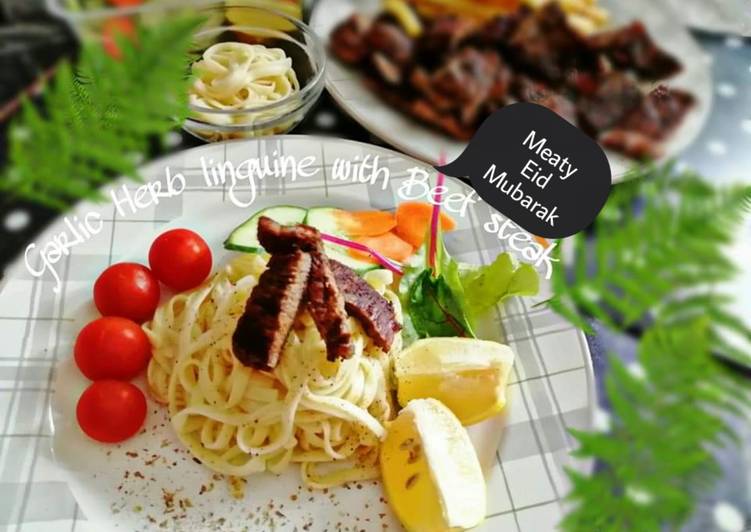 Recipe of Ultimate Garlic Herb linguine with Beef steak