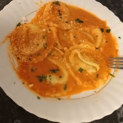 Spinach and sausage ravioli in mascarpone sauce A picture of Spinach and sausage ravioli in mascarpone sauce.