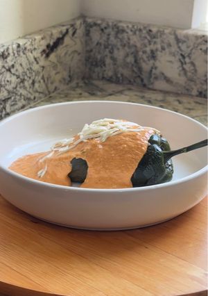 A picture of Chile Relleno with Picadillo and Chipotle Sauce.