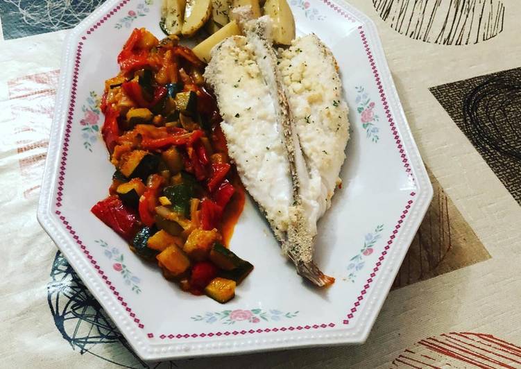 Rape con verduras a la provenzal y patatas a las finas hierbas
