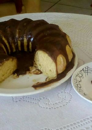 A picture of Lemon Chiffon Cake with Caramel Chocolate Sauce.