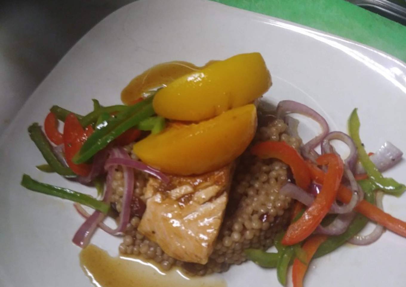 Peach Bourbon Salmon w/ Cranberry Cous cous and Vegetable Medley