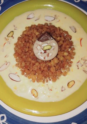 A picture of Boondi with chocolate and Kesar rabdi.
