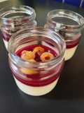 Panna cotta vanille coulis framboise fruits