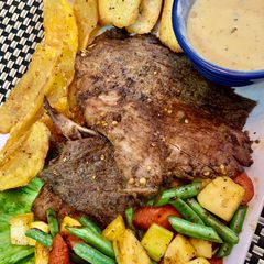 Pan Seared Beef steak with grilled vegetables A picture of Pan Seared Beef steak with grilled vegetables.