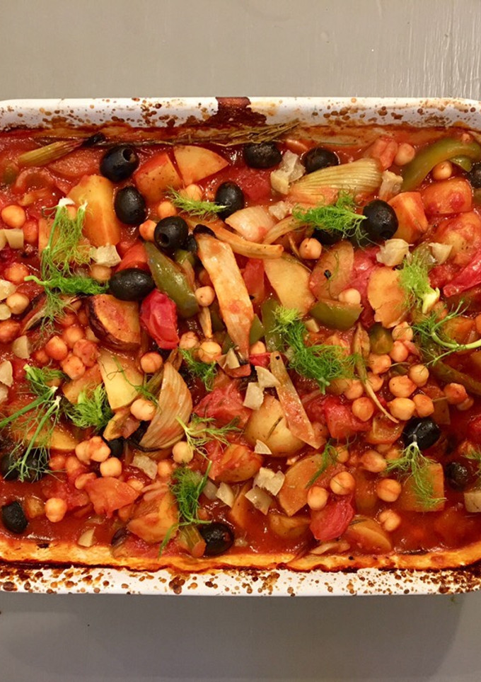 A picture of Roasted fennel, new potato and tomato stew.