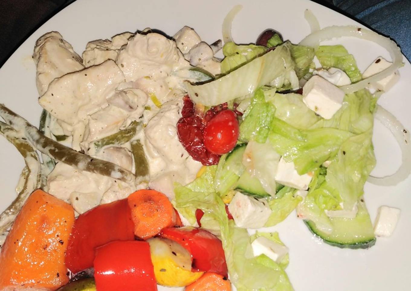 Cream chicken stir fry, rosted vegetables and green salad