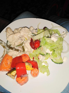 A picture of Cream chicken stir fry, rosted vegetables and green salad.