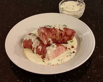 The New Way Make Recipe Roast Pork Tenderloin wrapped with Pastrami and served with a Romano  Marscapone Cream Sauce Most Delicious