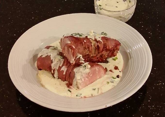 Roast Pork Tenderloin wrapped with Pastrami and served with a Romano / Marscapone Cream Sauce
