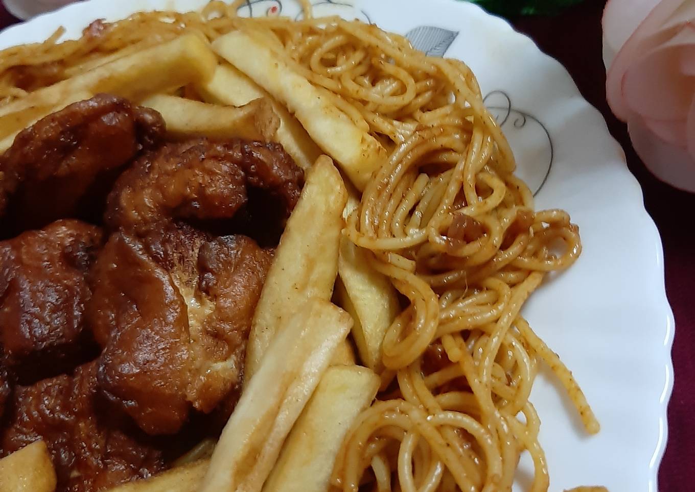 Fry Chicken, Fries, Spaghetti 😋 Recipe by Naila Asif