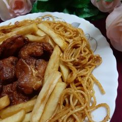 A picture of Fry Chicken, Fries, Spaghetti  😋 Recipe by Naila Asif.