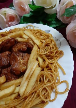 A picture of Fry Chicken, Fries, Spaghetti 😋 Recipe by Naila Asif.