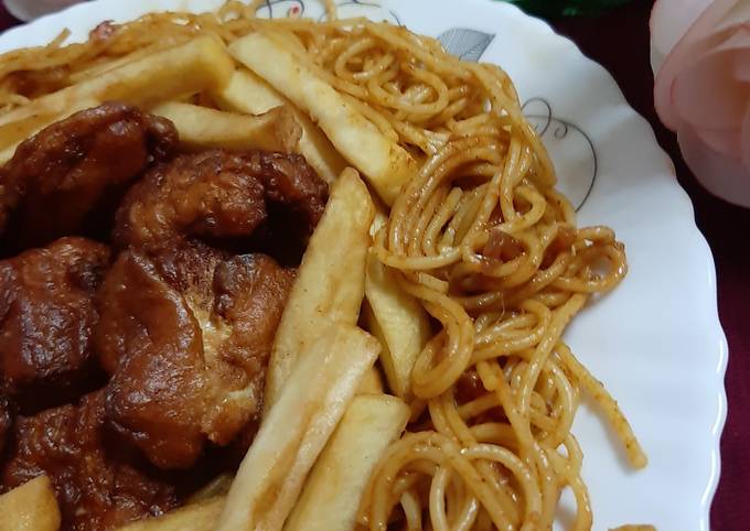 Step-by-Step Guide to Make Speedy Fry Chicken, Fries, Spaghetti  😋 Recipe by Naila Asif