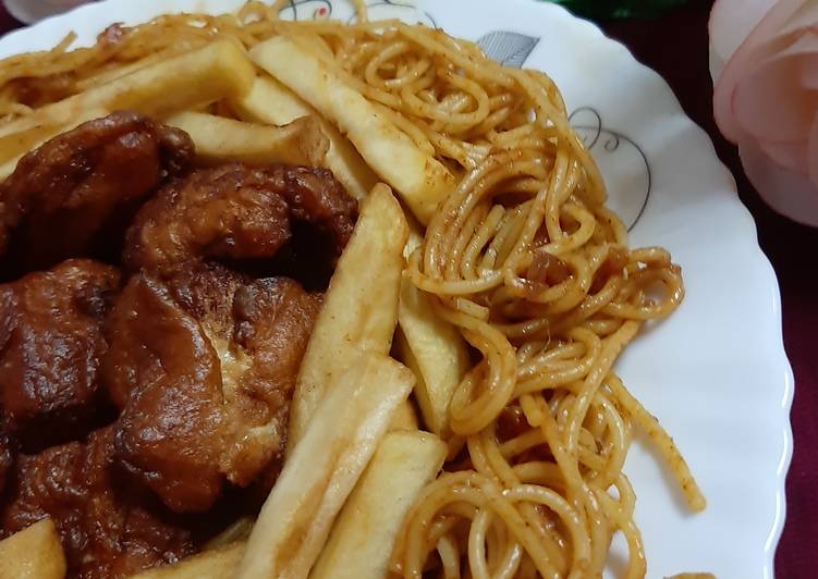 Steps to Make Quick Fry Chicken, Fries, Spaghetti  😋 Recipe by Naila Asif