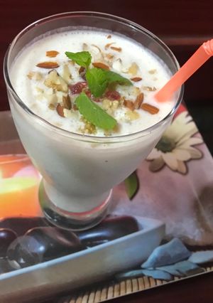 A picture of Khajuri Buttermilk with nuts.