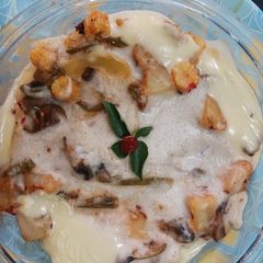 A picture of Sweet potato with Vegetable in sauce baked with Lasagne.
