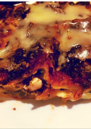 A picture of Eggplant lasagna with black olive tapenade.