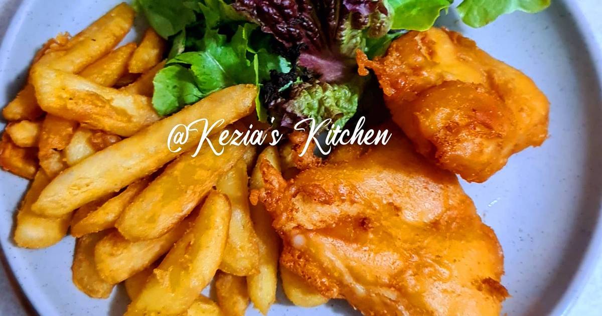 Batter Fish, Chips and Salad Recipe by Kezia's Kitchen 👩‍🍳 Cookpad
