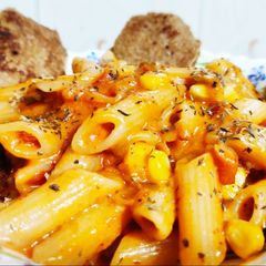 Orange Penne Pasta with Crispy Herb Bread A picture of Orange Penne Pasta with Crispy Herb Bread.