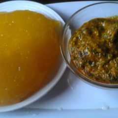 A picture of Starch and groundnut soup with ugwu leaf.