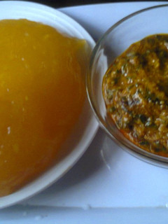 A picture of Starch and groundnut soup with ugwu leaf.