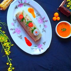 Chicken vegetables rice swiss roll A picture of Chicken vegetables rice swiss roll.