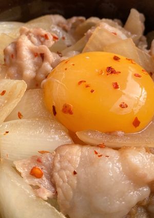 月見 洋蔥豬肉蓋飯 (豪華但簡單！) 的食譜成品照片