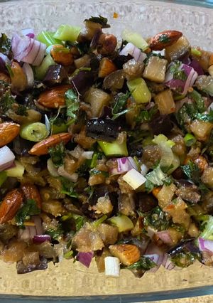 A picture of Aubergine and almond salad.
