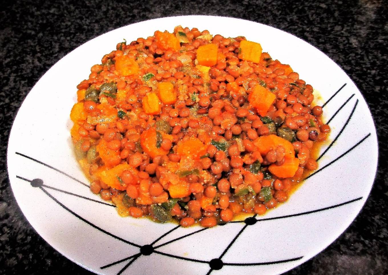 Lentejas vegana con calabaza y kamut