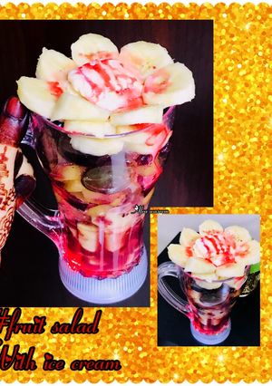A picture of Fruit salad with ice cream.