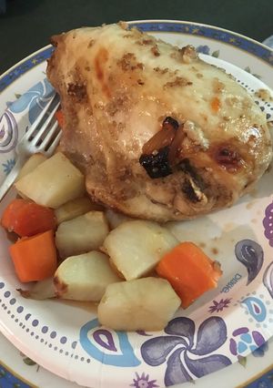 A picture of Roasted Split Chicken Breast & Roasted Veggies.