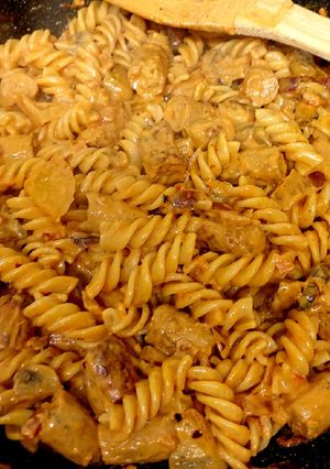 A picture of My Chicken Sausage with Pasta in a Creamy Soft Cheese sauce 😆.