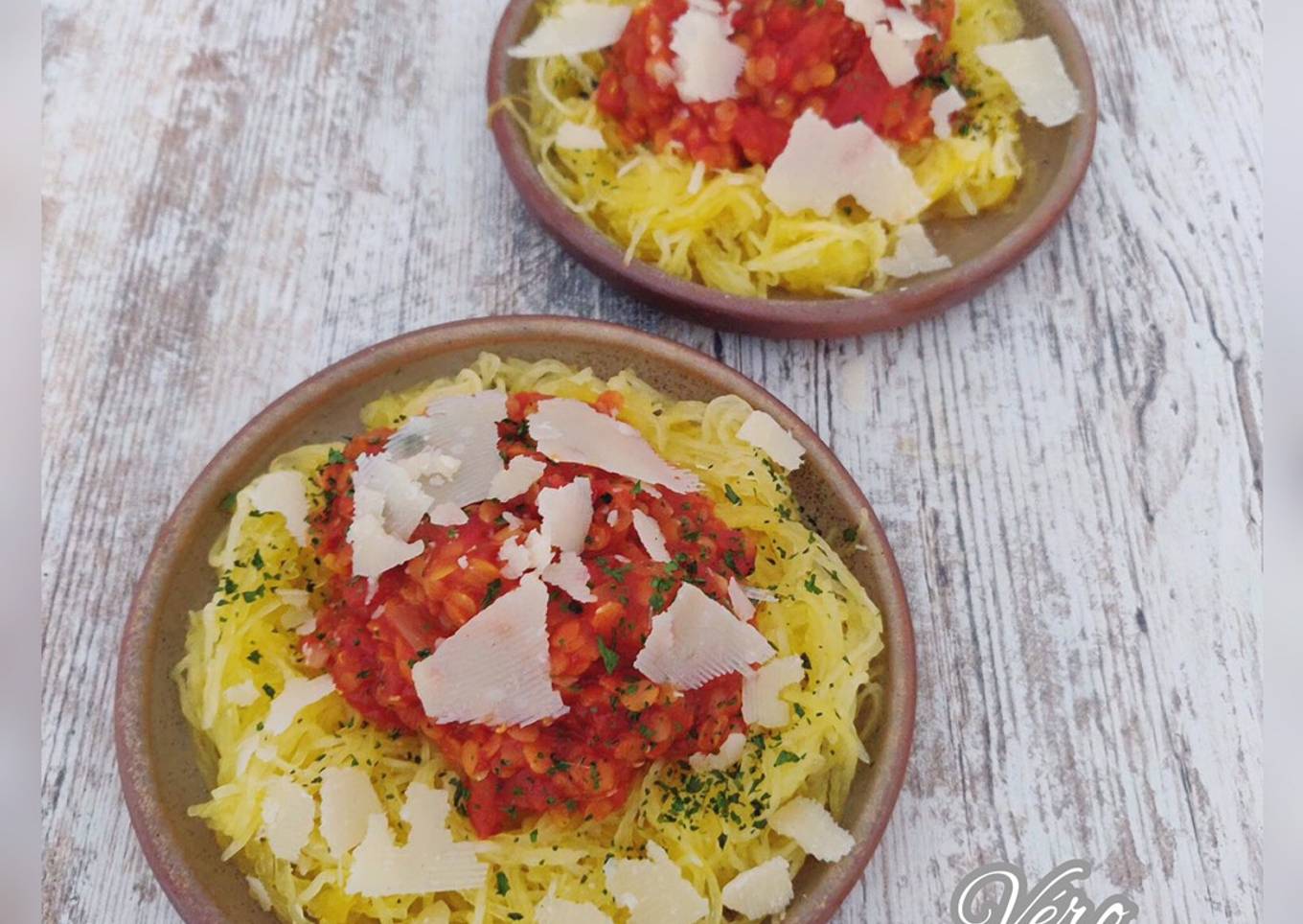 Courge spaghetti aux lentilles corail