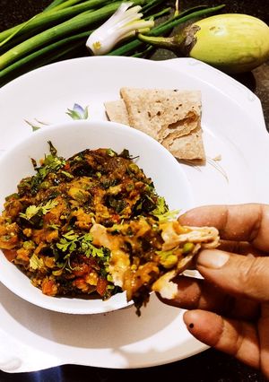 गावाकडचे हिरव्या वांग्याचे स्वादिष्ट भरीत (Hirvya Vangyache Bharit Recipe In Marathi) रेसिपी चे मुख्य फोटो 
