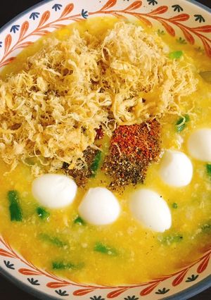 Hình của món Cháo bí đỏ ngô ngọt thịt bằm.