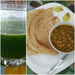 A picture of Whole wheat Bread Dosa with Dried white peas curry and Green smoothie.