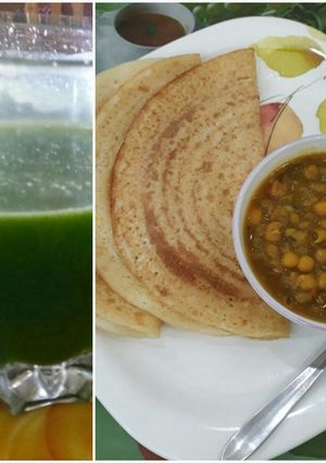 A picture of Whole wheat Bread Dosa with Dried white peas curry and Green smoothie.